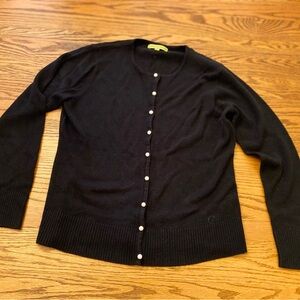Carolyn Taylor black cardigan sweater with white fake pearl buttons size M